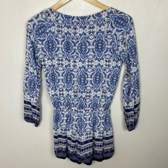 Anthropologie Paisley Print Romper Long Sleeves Blue White Bohemian XS Elevenses - Picture 16 of 16